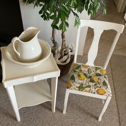 2 Pc Set - Vtg Accent Chair W/ Lemon Seat cover & Accent Table Both Painted White