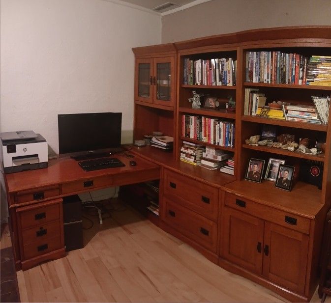 Large Desk, 2 Bookshelves, Bookcase And Movable File Cabinet