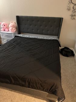 Gray Upholstered Wingback Bed Frame