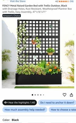 Metal Raised Garden Bed with Trellis Outdoor, Black with Drainage Holes, Rust Resistant, Weatherproof Plantrer Box with Trellis, Easy Assembly, 47''x1