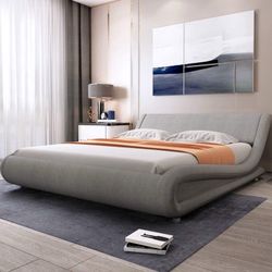 Queen Size Sleigh Bed Frame, Low Profile, Faux Leather, Grey Upholstered Platfor