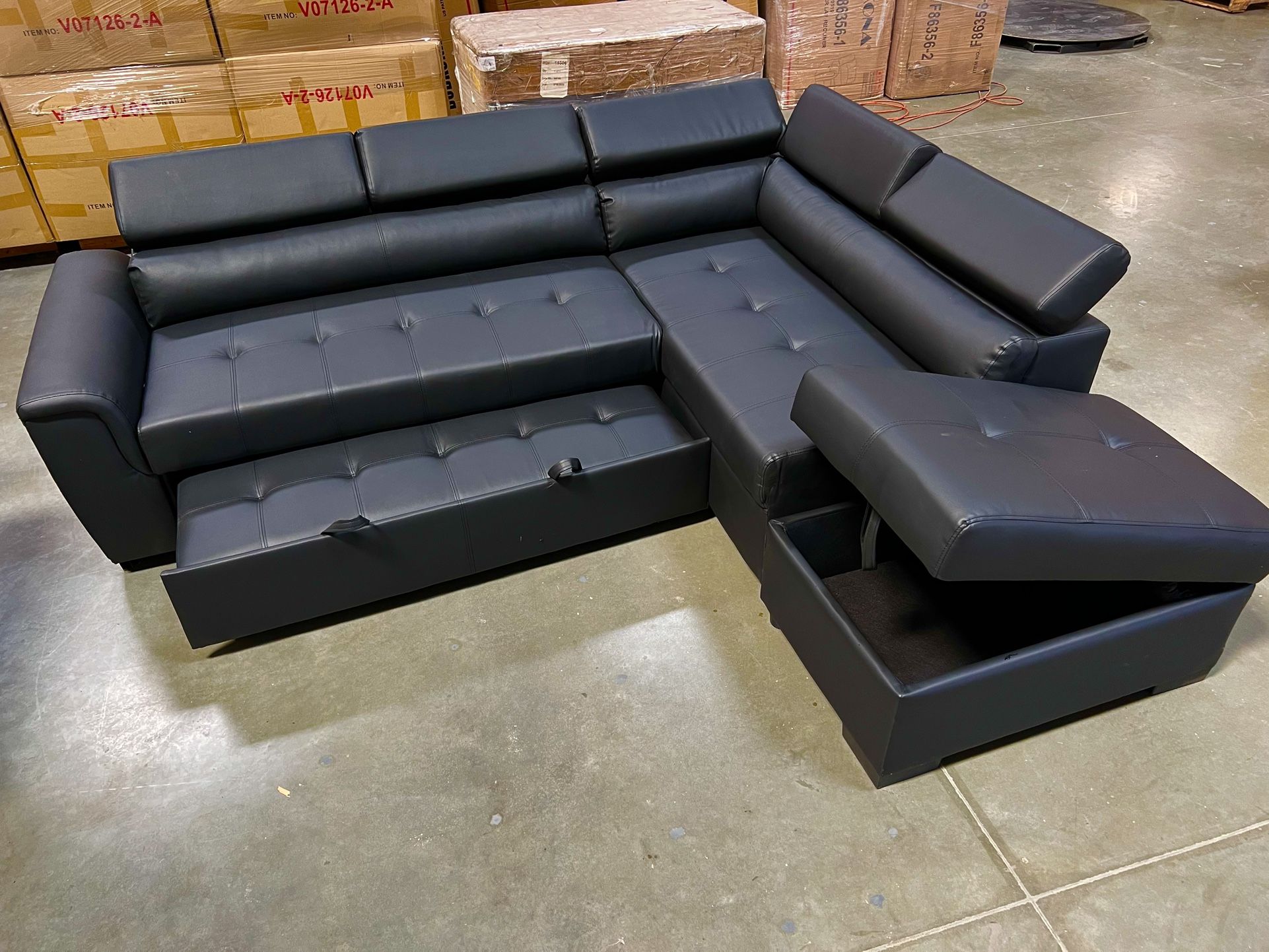 New! Contemporary Black SectionalBlack Faux Leather Sofa L Shaped Sofa With Pull out Bed Sofabed Sectional Sofa Bed Black Couch Leatherette Sofa