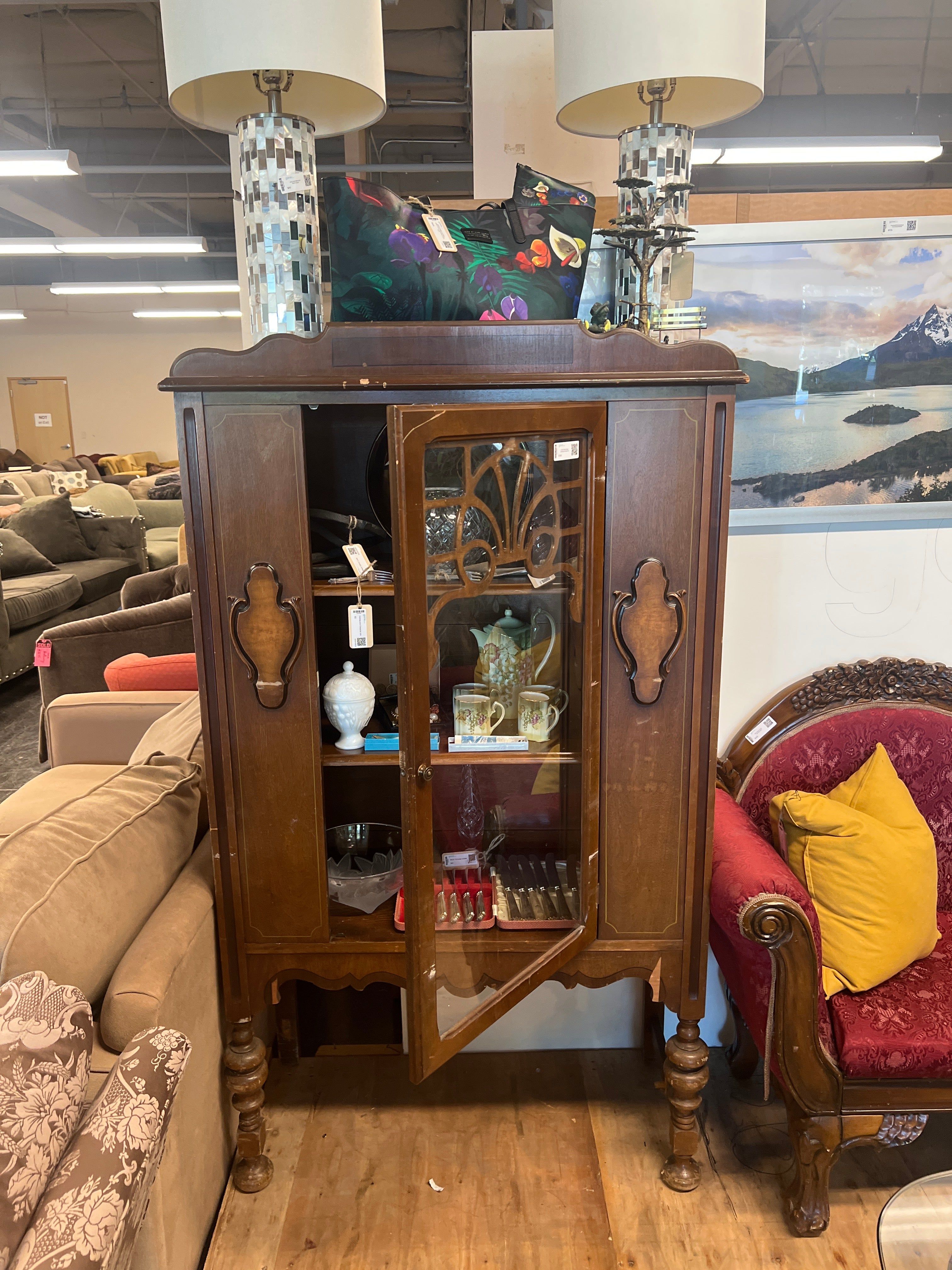 Antique Wood Display Cabinet with Glass Door