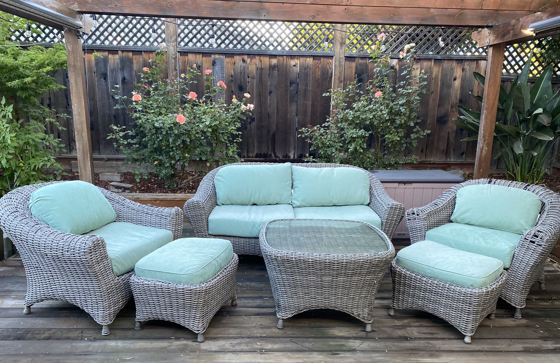 Martha Stewart Living Lake Adela Weathered Grey 6 Piece Patio Seating Set with Surf Cushions