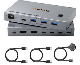 USB C KVM Switch 4K@60Hz, USB C Dual Monitor KVM Switch for 2 Laptop Sharing 2 Monitor and 4 USB3.0 Devices, 100W PD for 2 Laptops with Wired Remote C