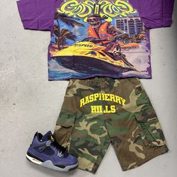 Jordan 4 lakers brand new , Godspeed tee brand new, raspberry hills camo shorts brand new