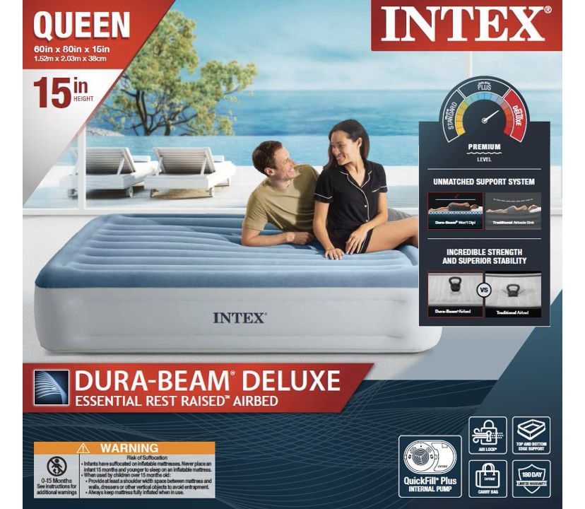 Intex 15” Essential Rest Dura-Beam Air bed Mattress with Internal Pump Included - QUEEN