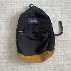 Vintage 1990a JanSport Black/Brown Leather Bottom Casual Everyday Backpack Bag