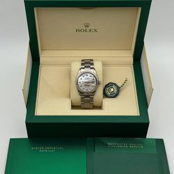1975 Rolex Datejust 1601 36mm natural MOP diamond dial stainless steel oyster bracelet white gold fluted bezel watch box appraisal papers