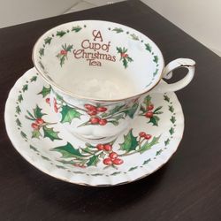 “A Cup Of Christmas Tea” (based  on the book) ) Saucer + Cup 1992 Bone China Holly Graphics 