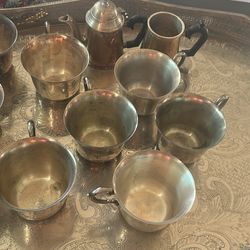 Tray with cups antique silver plates dimensions height 25” wide 17”