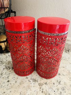 Red Metal Over Glass Containers  With Screw-On Lids