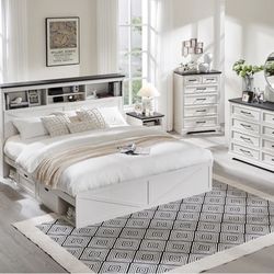 JXQTLINGMU Farmhouse King Size Wood Bed Frame 