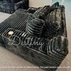 Black Jumbo Corduroy Padded Chenille 2 Arm Chaise with USB And cup Holders