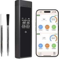 Dual Probe Wireless Meat Thermometer with Digital Large Display, Long Range App Control, Heat Resistant & Waterproof, 0.5S Instant Read, Real-Time Mon