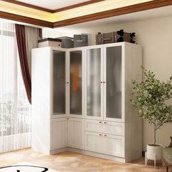 Modern Wood Grain Wardrobe Set with Frosted Glass – Corner and Standing Closet with Hanging Rods, Drawers, Shelves for Space-Saving Storage, (67" L x 