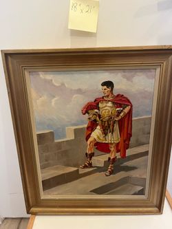 Original framed oil painting of a Roman centurion signed