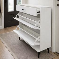 New In Box 32x10x44 Inch Tall Shoe Storage Shelf  White Cabinet With Double Fold Down Drawer 