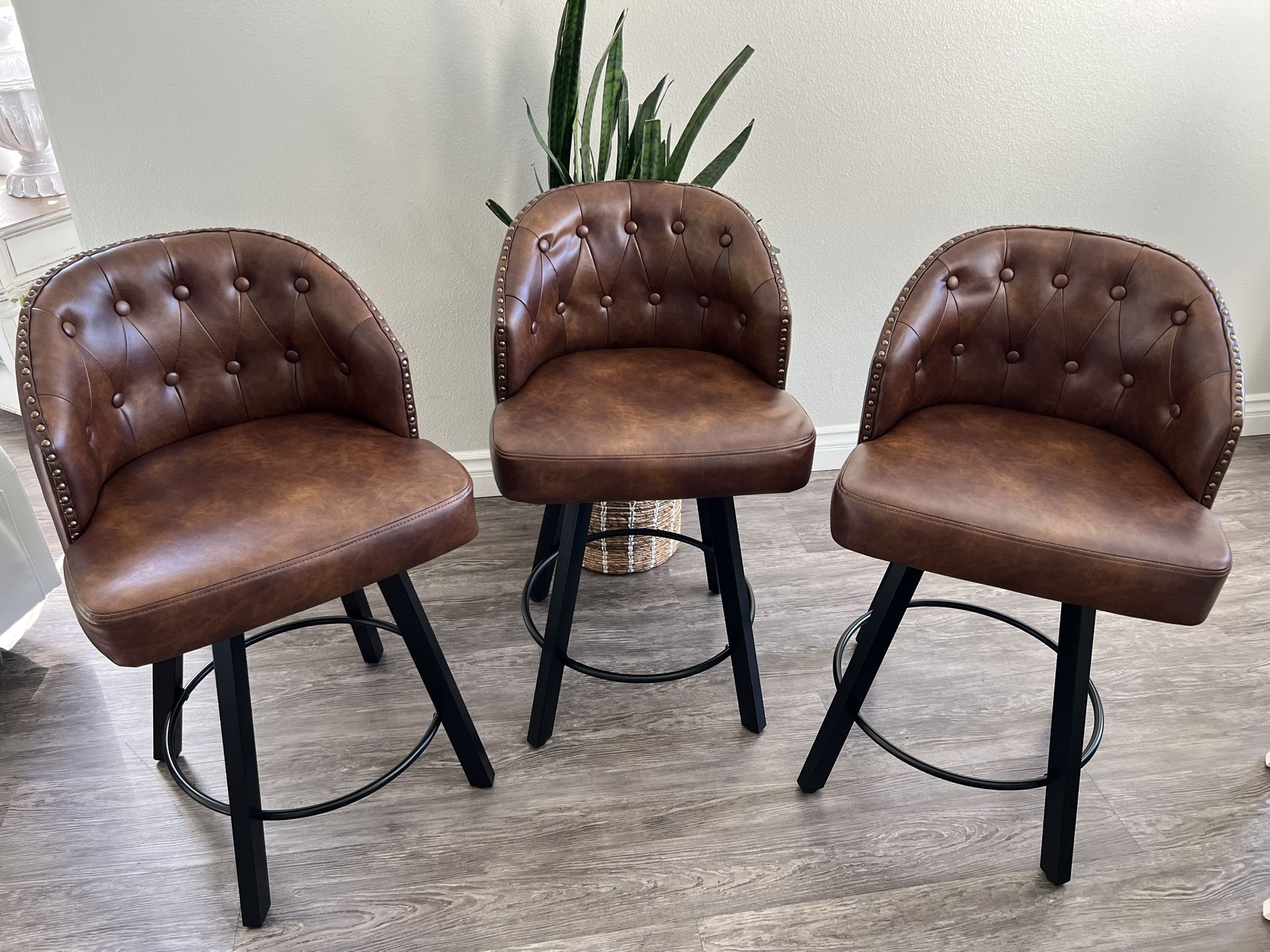 Counter Height Bar Stools Set of 3, 26" Swivel Faux Leather Upholstered Bar Stools with Backs and Metal Legs, Retro Counter Stools for Kitchen Island,