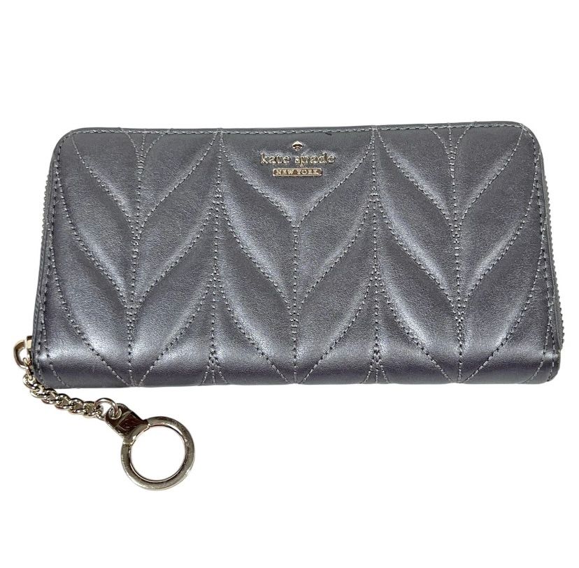 Kate Spade Briar Lane Quilted Leather Neda Zip Around Wallet Grey Keychain Used
