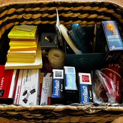 School Or Office Supplies Assortment, Woven Basket, New And Opened Assortment