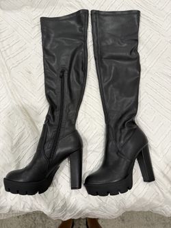Black Thigh High Boots Womens 6.5 Over The Knee Platform Chunky Heel Stretch NEW