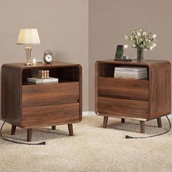 Night Stand Set of 2 with Charger Station, Mid Century Modern Nightstand with 2 Drawers, Wood Bedside Table for Bedroom, Curved Beveled Design, Walnut