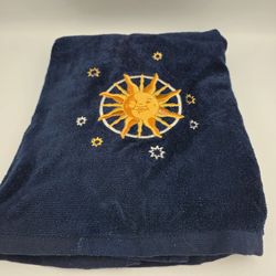 Vtg 90s Celestial Bath Towel Y2K Sun Stars Blue Saturday Knight Whimsical Magic