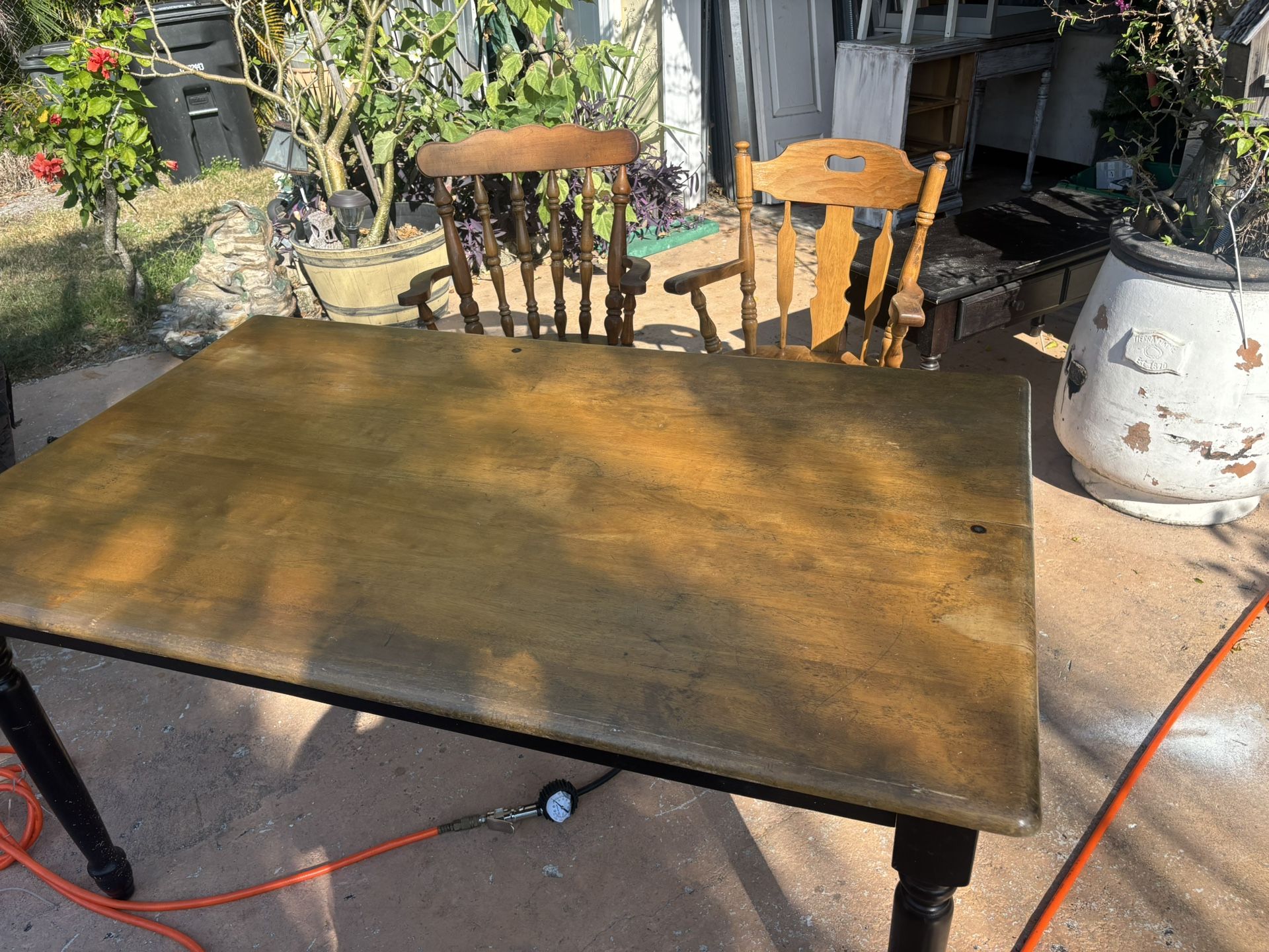 Hard Wood Top Table And  2  Hard Wood ( Non Matching Chairs) 