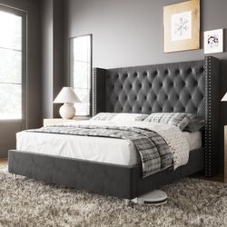 Queen Bed Frame Upholstered Bed Wingback Headboard