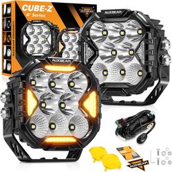 Auxbeam Cube-Z Series 4” LED Pods Lights with Amber Covers 112W 12800 LM Flood Spot Combo Offroad Driving Lights with DRL Turn Signal 