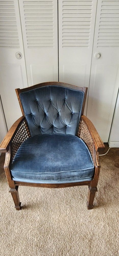 Rattan Wood And Blue Cushioned Chair