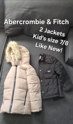 Abercrombie & Fitch - 2 Jackets - Like New - Kid's size 7/8 - Tan hooded faux fur-lined puffer & black collared puffer