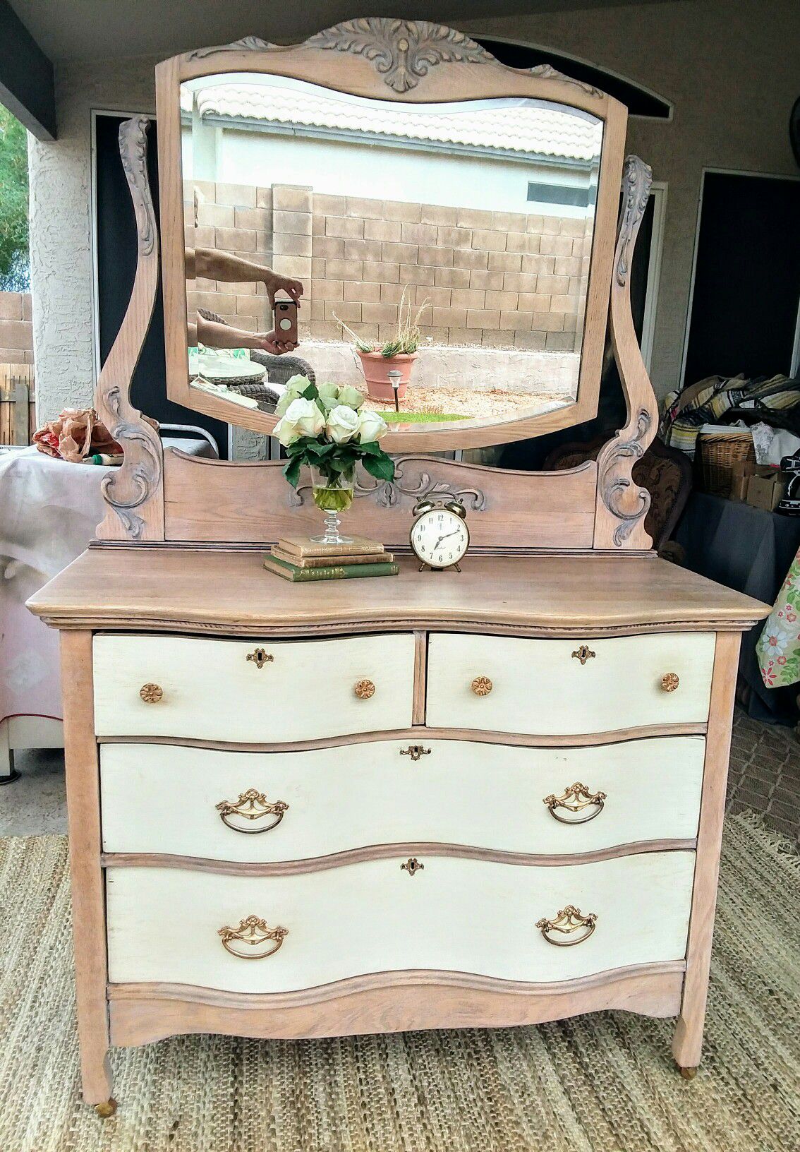 Refinished Vintage/Antique Serpentine Dresser with Mirror