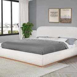 Queen Size Brand New Platform Modern Mid Century Bed Boucle Textured Fabric In Creamy Ivory Or Gray