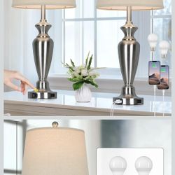 30" Tall Silver Table Lamps Set of 2 for Living Room, 3-Way Dimmable Touch Control Bedside Lamps for Bedroom Nightstand with USB A+C Ports & AC Outlet