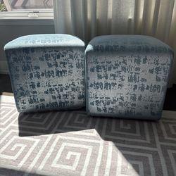 Two Blue Patterned  Ottomans