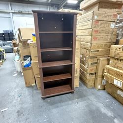 70" Tall Walnut Bo okshelf,5 Tier Wooden Book S helf with Adjustable Shelves & Wood Legs