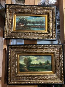 Pair of Original Oil Landscape Paintings – Matching Ornate Gold & Black Frames