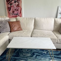 Wooden Marble Top Coffee Table With Metal Legs & Side Book Stand
