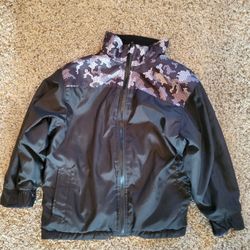 Boys 5-6 approx black jacket black camo pattern shoulders/ reversible black/blue fleece