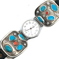 Sterling Silver Turquoise & Coral Watch Band with Timex Watch – Not Running – Fair Condition A1G000585