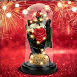 Beauty and The Beast Rose ,Rose Kit, Red Silk Rose and Led Light with Fallen Petals in Glass Dome on Wooden Base,Mother's Day Anniversary Birthday