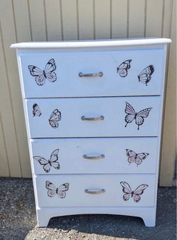 4-Drawer White Dresser with Butterfly Accents