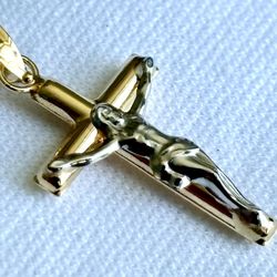 14K solid gold hollow tube cross pendant