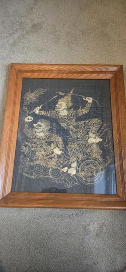Thai Hand Painted Silk Painting Depicting Ramayana Battle Scene, Gold Detailing
