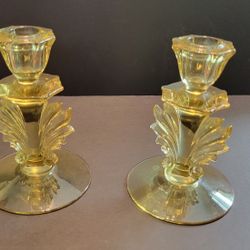 A Pair Of Vintage Fostoria Baroque Candlesticks In Topaz Yellow Glass
