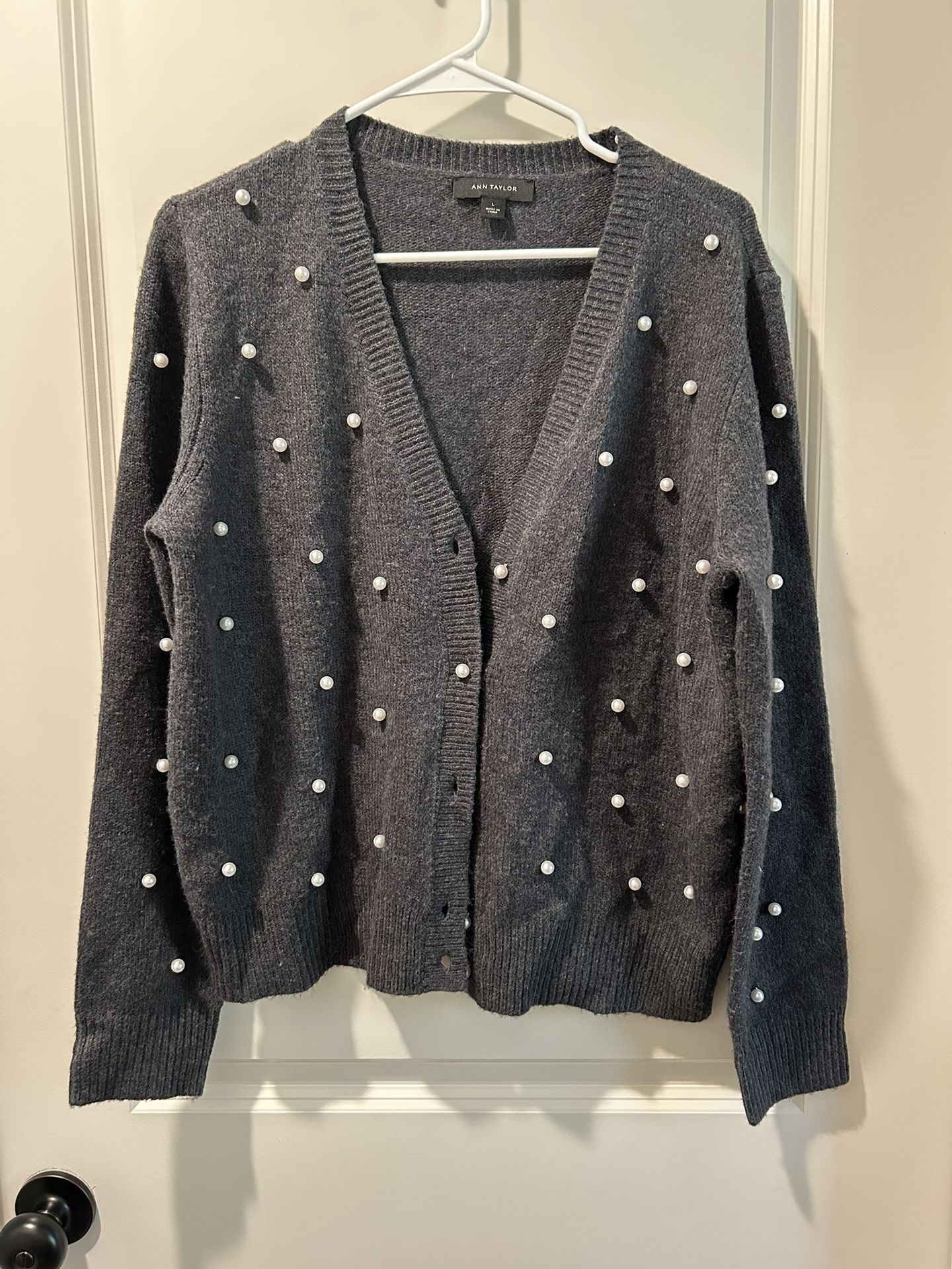 Ann Taylor dark gray cardigan sweater with pearl embelishments size large