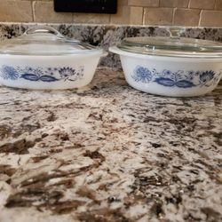 Glassbake Blue Onion Vintage Casserole Dishes X2 W Lids