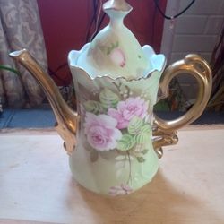 Vintage Teleflora Lefton China Green Heritage Pink Rose Teapot 